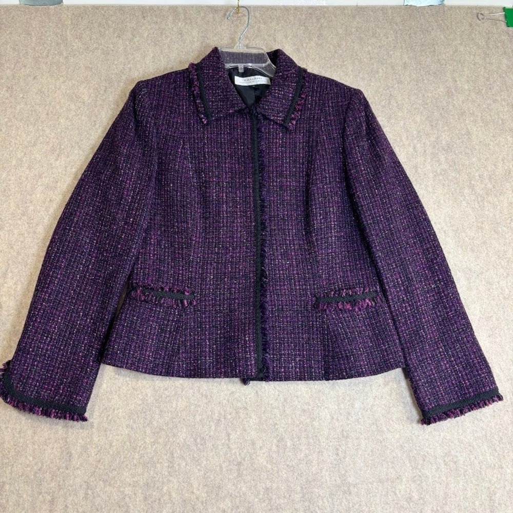 Tahari Blazer Womens 10 Purple Wool Silk Tweed Jacket Fringe Preppy Classic Chic